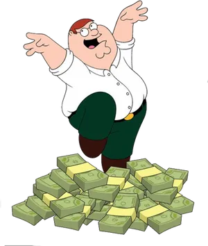 Peter Griffin Celebratingon Money Piles PNG Image