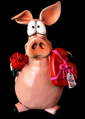 Pig Figurine With Roseand Gift Bag PNG image with transparent background