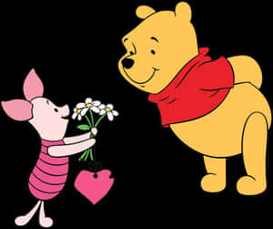 Piglet Giving Flowersto Pooh PNG image with transparent background