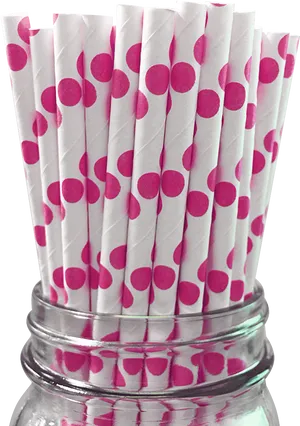 Pink Dotted White Strawsin Jar PNG Image