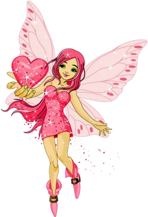 Pink Fairy With Heart Wings PNG Image