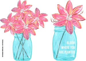 Pink Flowersin Blue Jars Inspirational Quote PNG Image