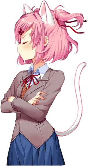 Pink Haired Anime Cat Girl Crossed Arms PNG Image