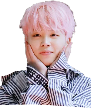 Pink Haired Man Smiling With Hands On Cheeks PNG Image