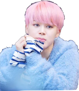 Pink Haired Person Blue Fluffy Coat PNG Image