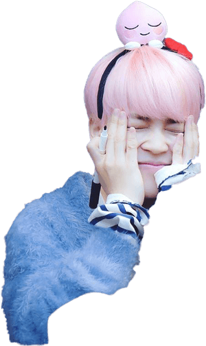 Pink Haired Person Smiling With Plush On Head PNG image with transparent background
