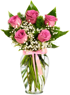 Pink Roses Bouquet Glass Vase PNG Image