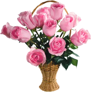 Pink Rosesin Wicker Basket PNG Image