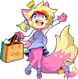 Pixel Art Fox Girl Shopping Spree PNG Image