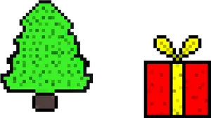 Pixelated Christmas Treeand Gift PNG Image