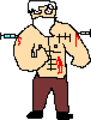 Pixelated Muscular Character With Syringe PNG Image