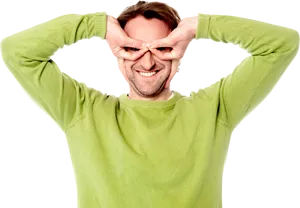 Playful Goggles Gesture Man Green Sweater PNG Image