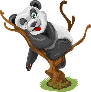 Playful Panda Cartoon Tree Climb PNG Image