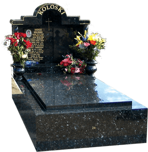 Polished Granite Grave Markerwith Flowers PNG image with transparent background