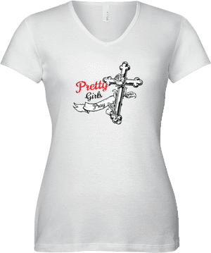 Pretty Girls Pray White T Shirt With Cross Design PNG image with transparent background
