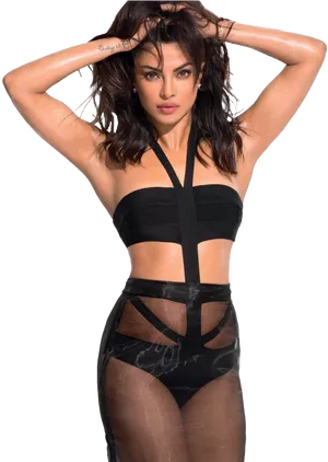 Priyanka Striking Posein Black Outfit PNG Image