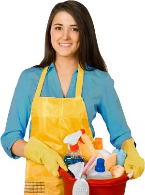 Professional Cleaner With Supplies PNG Image