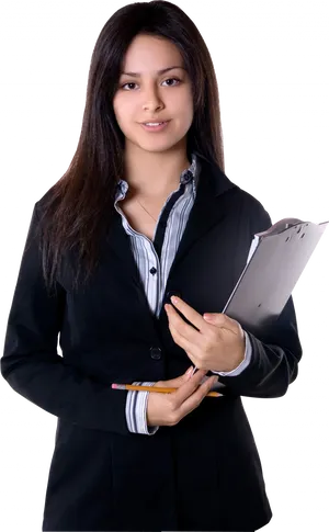 Professional Indian Woman Holding Clipboard PNG Image