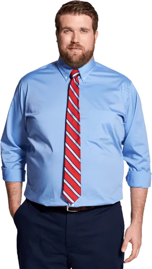 Professional Man Blue Dress Shirt Red Stripe Tie PNG Image