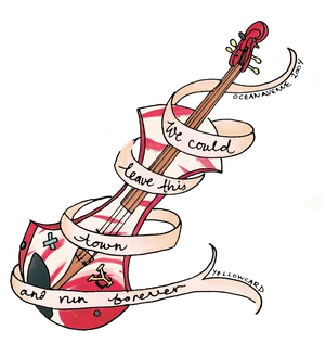 Punk Rock Escape Guitarand Ribbon Illustration PNG Image