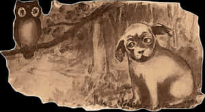 Puppyand Owl Woodland Sketch PNG image with transparent background