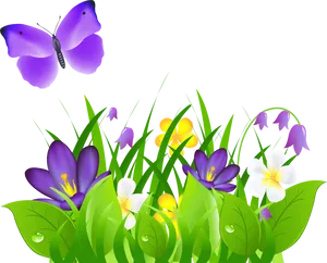 Purple Butterfly Floral Scene PNG Image