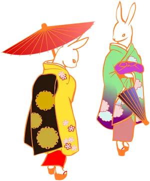 Rabbit Couplein Traditional Kimonos PNG Image