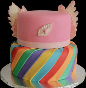 Rainbow Striped Fondant Cakewith Pink Topper PNG image with transparent background
