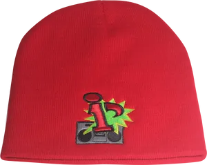 Red Beaniewith Embroidered Design PNG Image