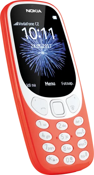 Red Nokia Feature Phone Fireworks Display PNG Image