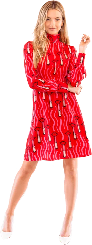 Red Printed Dress Model Posing PNG Image