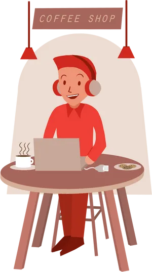 Remote Workat Coffee Shop Illustration PNG Image