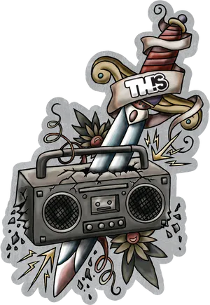 Retro Boombox Tattoo Design PNG Image