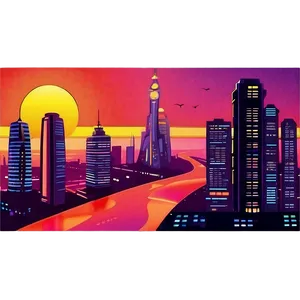 Retro Futuristic Sunset City Png Hkl49 PNG Image