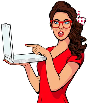 Retro Woman Presenting Laptop PNG Image