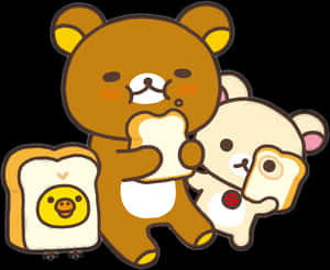 Rilakkumaand Korilakkuma Eating Bread PNG image with transparent background