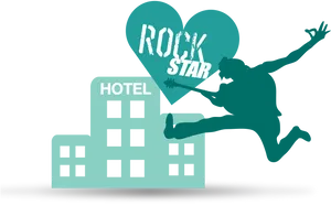 Rockstar Leaping Over Hotel Illustration PNG Image