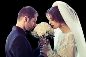 Romantic Brideand Groomwith Bouquet PNG image with transparent background