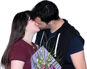 Romantic Couple Kissing With Flowers PNG Image