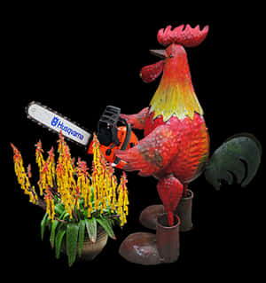Rooster_with_ Chainsaw_and_ Flowers PNG image with transparent background