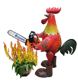 Rooster_with_ Chainsaw_and_ Flowers PNG Image