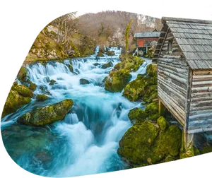 Rustic Watermill By River Waterfall PNG Image