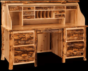 Rustic Wooden Roll Top Desk PNG image with transparent background