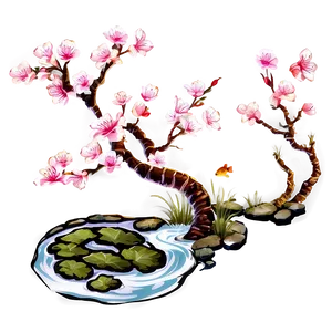 Sakura Tree With Koi Pond Png 06122024 PNG Image