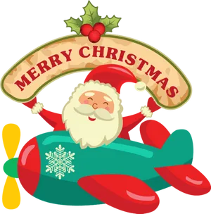 Santa Claus Airplane Merry Christmas Banner PNG Image