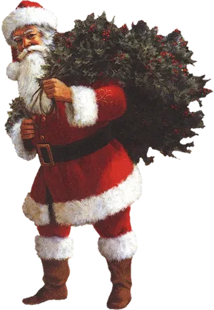 Santa Claus Carrying Christmas Tree PNG Image