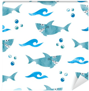 Seamless Pattern With Cartoon Watercolor Sharks - Cartoon Shark Background PNG image with transparent background