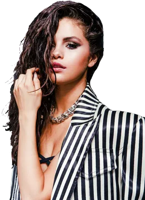 Selena Striped Blazer Wet Hair Look PNG Image