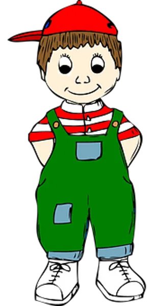 Smiling Cartoon Boyin Capand Overalls PNG Image