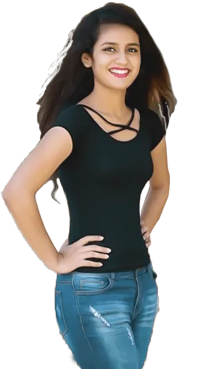 Smiling Girlin Black Topand Jeans PNG Image